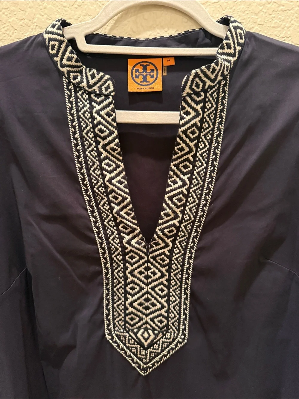 Tory Burch Navy Tunic with White Geometric Embroidery